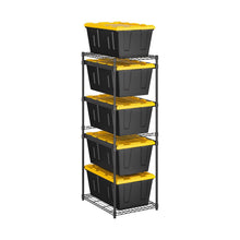 5-tier storage tote rack with black metal frame and 5 black bins with yellow lids