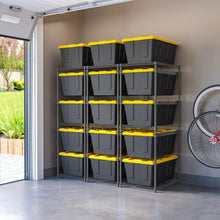 5-tier storage tote rack with metal frame and five rows of gray bins, yellow rails