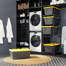 5-tier storage tote rack next to a single bin; black bins with yellow lids