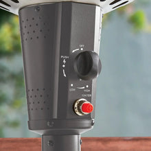 Gray patio heater control panel with push knob, heat settings, and igniter button