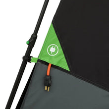 Tent support pole and guyline with green accent panel and hanging utility strap