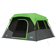 6-person instant cabin tent with green roof and black walls, double entry panels