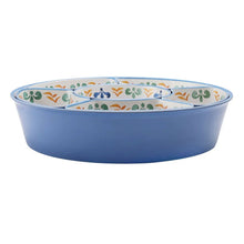 Blue 6-section lazy susan serving platter with patterned inserts and clear storage lid