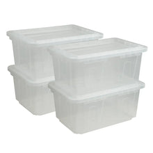 Clear plastic storage tote with lidded top and side grip handles