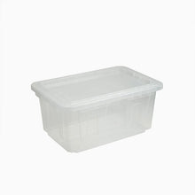 Clear plastic storage tote with lidded top, rectangular bin