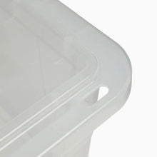 Close view of clear plastic tote lid and side handle cutout
