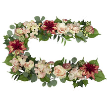 Pink and cream spring floral garland with dahlias, roses, and green leaves
