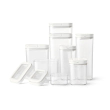 Clear square pantry storage containers with flip-lock lids, stackable set