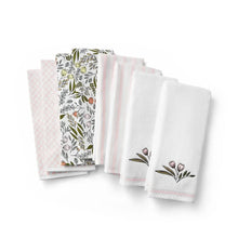 Kitchen towel set with white towels, botanical print and subtle pink stripes