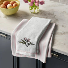 Kitchen towel set with white towels and pink striped fabric, embroidered flower sprig