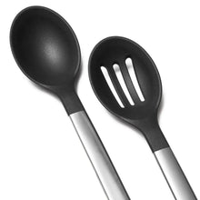 Black silicone ladle and slotted spoon with stainless handles