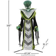 Alien yard decoration with teal head, silver chevron robe, black cape and metal base stand