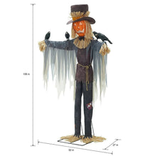 Pre-lit animated scarecrow full-body front view with glowing pumpkin face and top hat