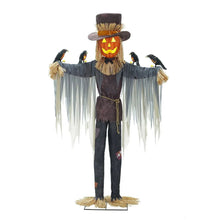 Pre-lit animated scarecrow standing with glowing pumpkin face, top hat, long draped arms
