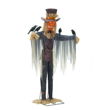 Pre-lit animated scarecrow with glowing jack-o-lantern face, top hat, hanging gauze arms