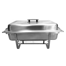 Stainless steel chafer with domed lid, side frame, and four supporting legs