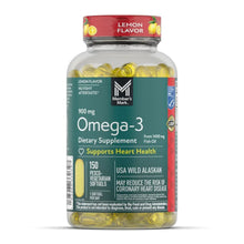 Omega-3 softgels bottle, lemon flavor, 150 count; shows yellow softgels inside