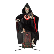 Pre-lit graveyard violinist: hooded skeleton holding violin, red cape, RIP lights