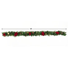 9 ft pre-lit pine garland with red poinsettias and warm string lights