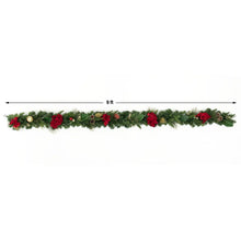 9 ft pre-lit Christmas garland of pine with red poinsettias and warm white lights