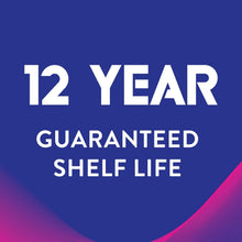 AA alkaline batteries 12-year guaranteed shelf life label