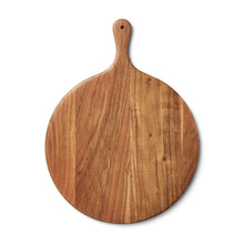Acacia wood charcuterie board with round shape and carved handle.