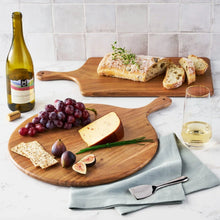 Acacia wood charcuterie boards set of 2, round and paddle shapes with wood handles.