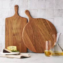 Acacia wood charcuterie board set of 2 with curved handles, shown together.