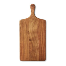 Acacia wood charcuterie board with rectangular paddle shape and carved handle.