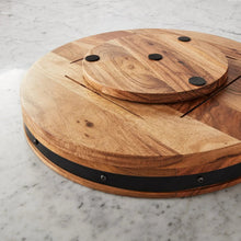 Acacia wood lazy Susan lid with hinges and black metal rim, circular tray