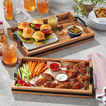 Acacia wood rectangular serving tray set with black handles, food display