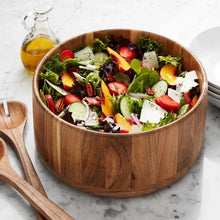 Acacia salad bowl with servers, filled with mixed greens, tomatoes, and cheese