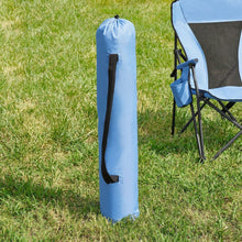 Adult folding hard arm chair with blue storage bag and side pocket