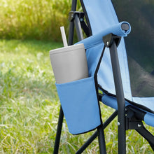 Adult folding hard arm chair with blue organizer pocket and cup holder on black frame