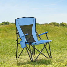 Adult folding hard arm chair with blue fabric and black frame, with side pockets