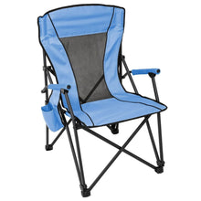 Adult folding hard arm chair with blue fabric seat and black metal frame