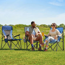 Adult folding hard arm chairs in blue fabric with black frames, two-person scene