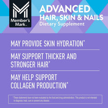 Member's Mark Advanced Hair, Skin & Nails dietary supplement panel with bold benefit text