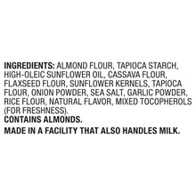 Ingredients list text for almond flour crackers, including almond flour and sea salt