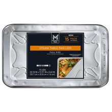 Aluminum steam table pan lids, full-size, 15-pack shown on tray packaging