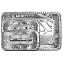 Set of three aluminum steam table pans: full, half, and third size