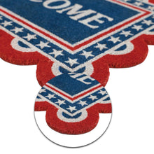 Americana welcome coir doormat close-up: red and blue star frame with “WELCOME” lettering