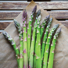Asparagus spears bundle on kraft paper tray, green stems with purple tips