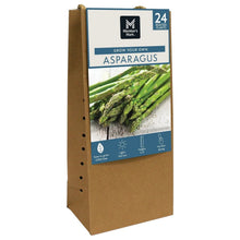 Asparagus plant starter pack in cardboard box, featuring green asparagus spears photo.