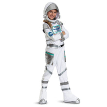 Kids astronaut jumpsuit with white fabric, silver helmet hood, and mission commander badge