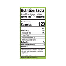 Nutrition facts label panel for avocado oil bottle
