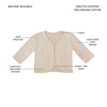Organic cotton cardigan flat lay, V-neck, long sleeves, snap closure