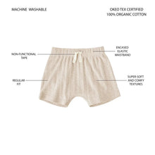 Baby bloomer shorts in light beige knit cotton, encased elastic waistband and tie