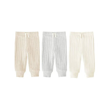 3-pack infant rib cotton pants: beige, gray, and white/cream with tie waist
