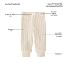 Infant organic cotton rib pant in light beige, tie waistband and ribbed cuffs